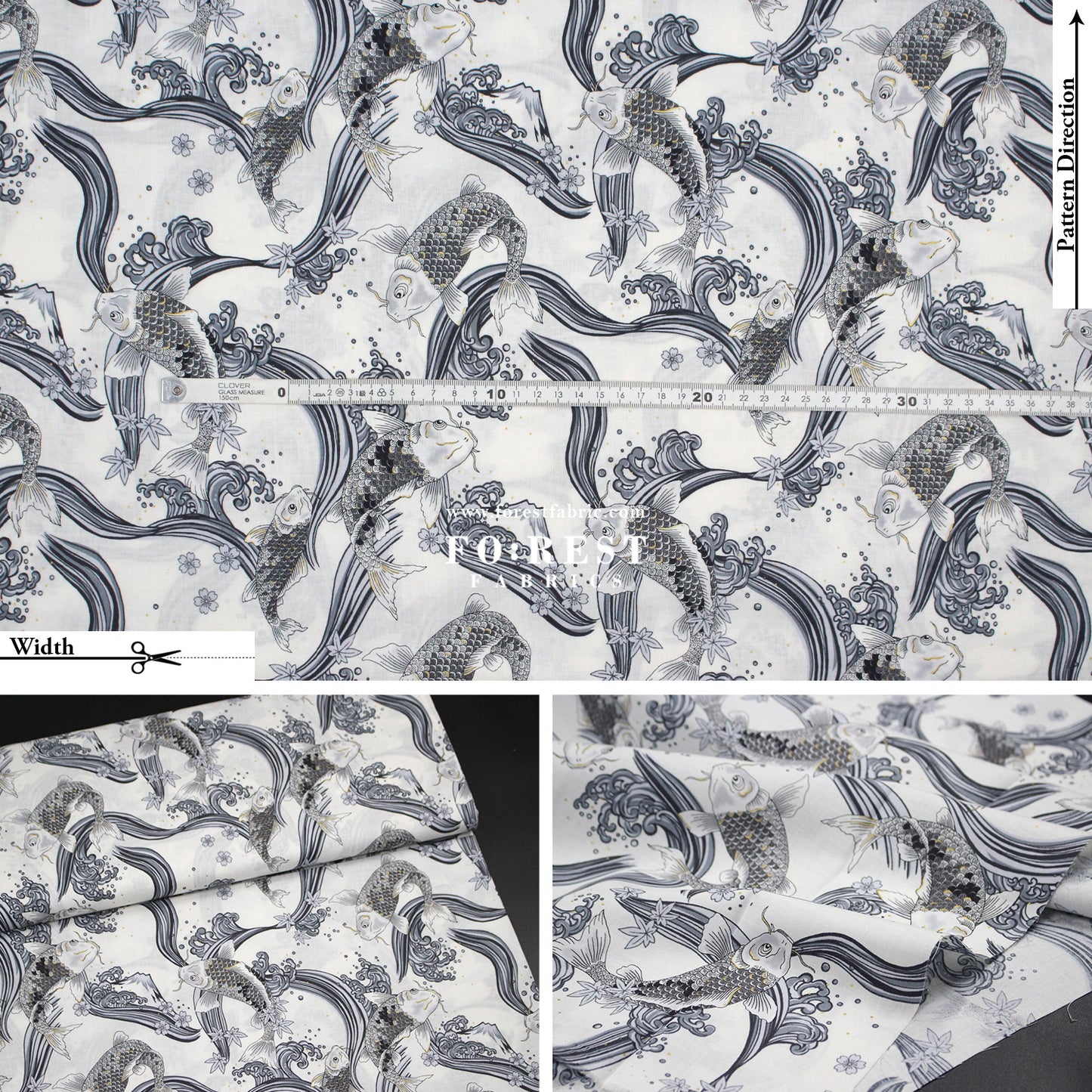 cotton - Koi Fuji mountain with metallic fabric White