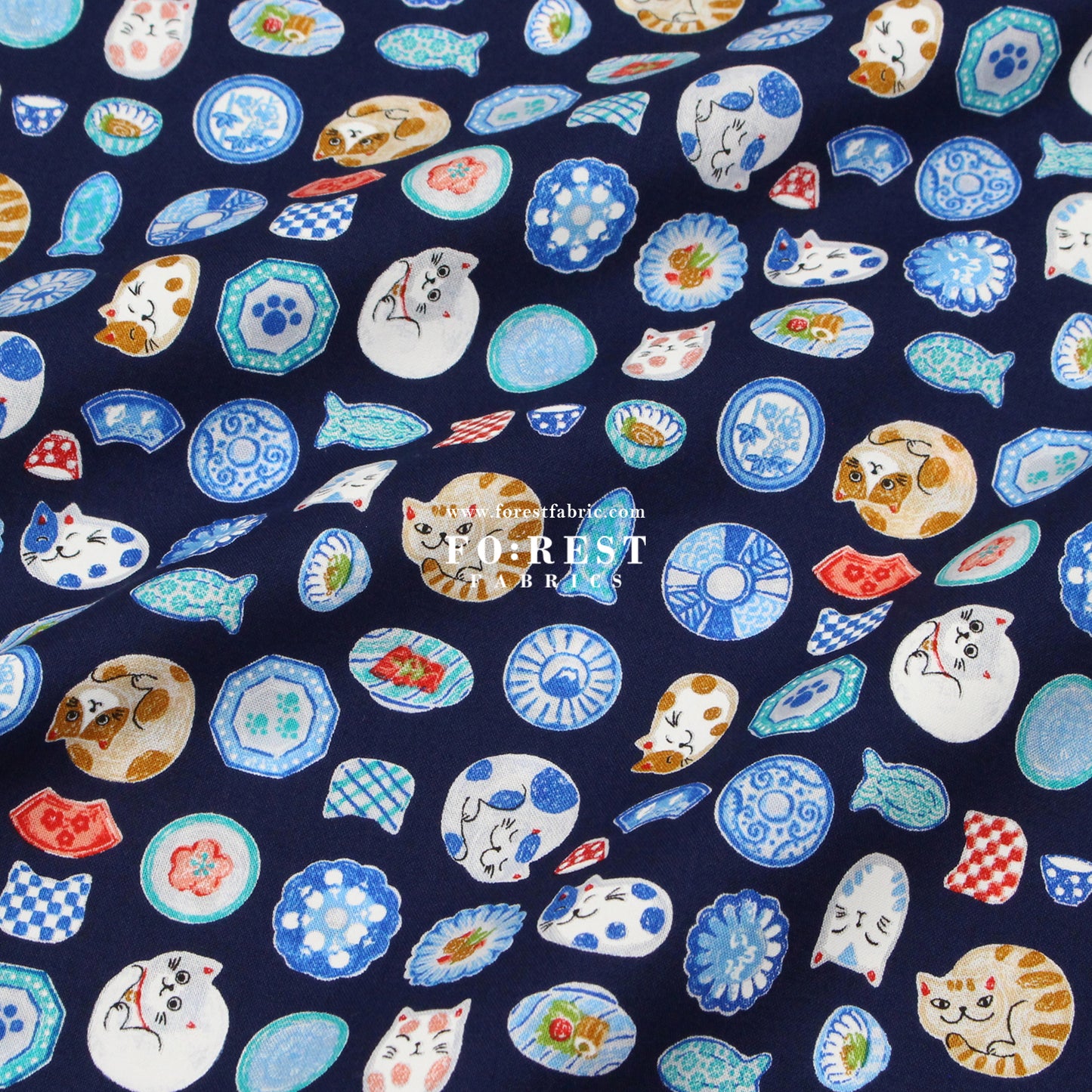 cotton - Cat Bowls & Dishes fabric Navy