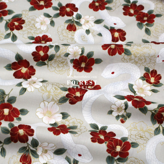 cotton - Sanke Peony金彩白蛇 fabric Cream