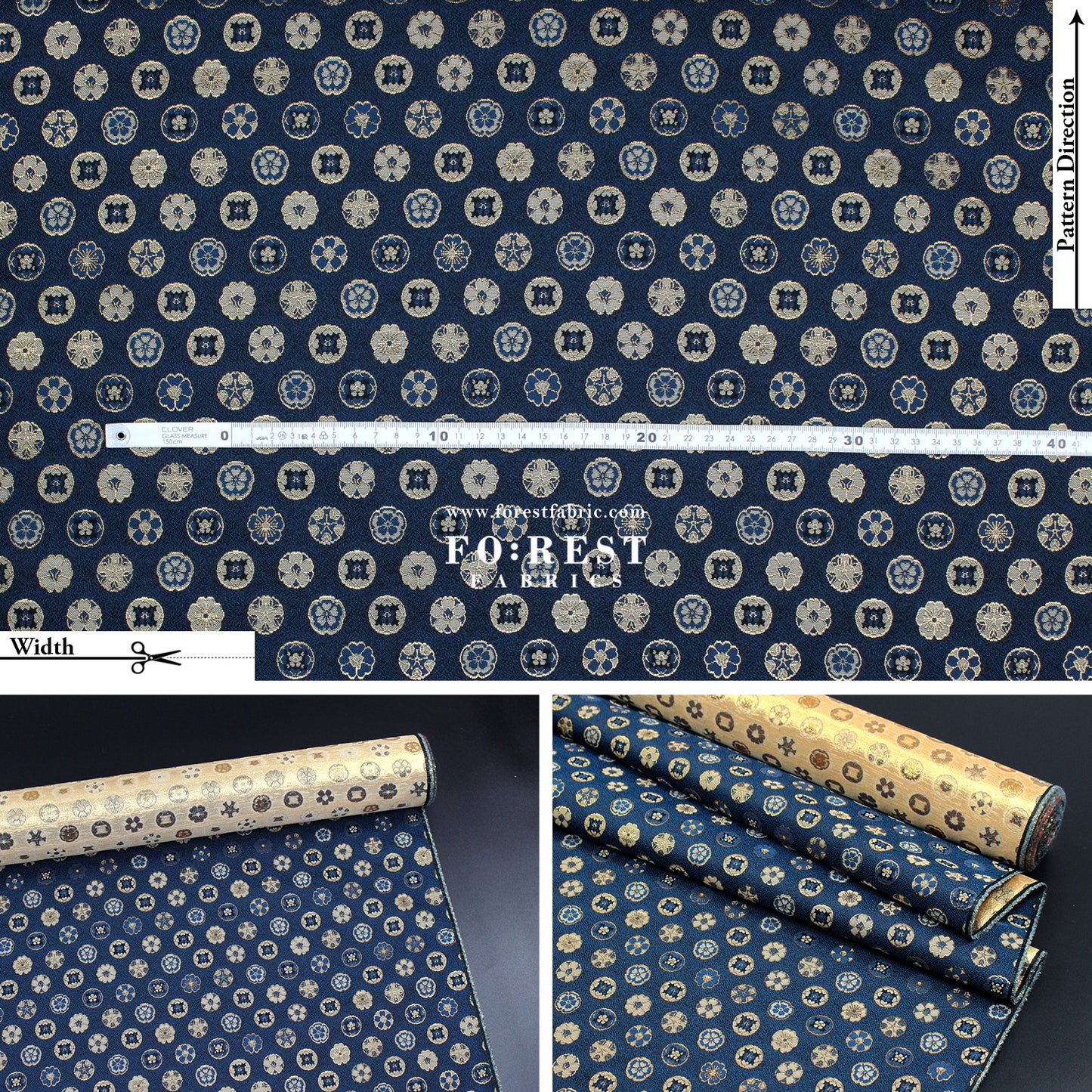 Gold Brocade - Kamon Family crest fabric Navy