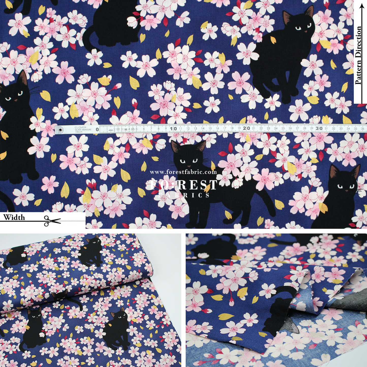 cotton - Sakura Blooms cat fabric Navy