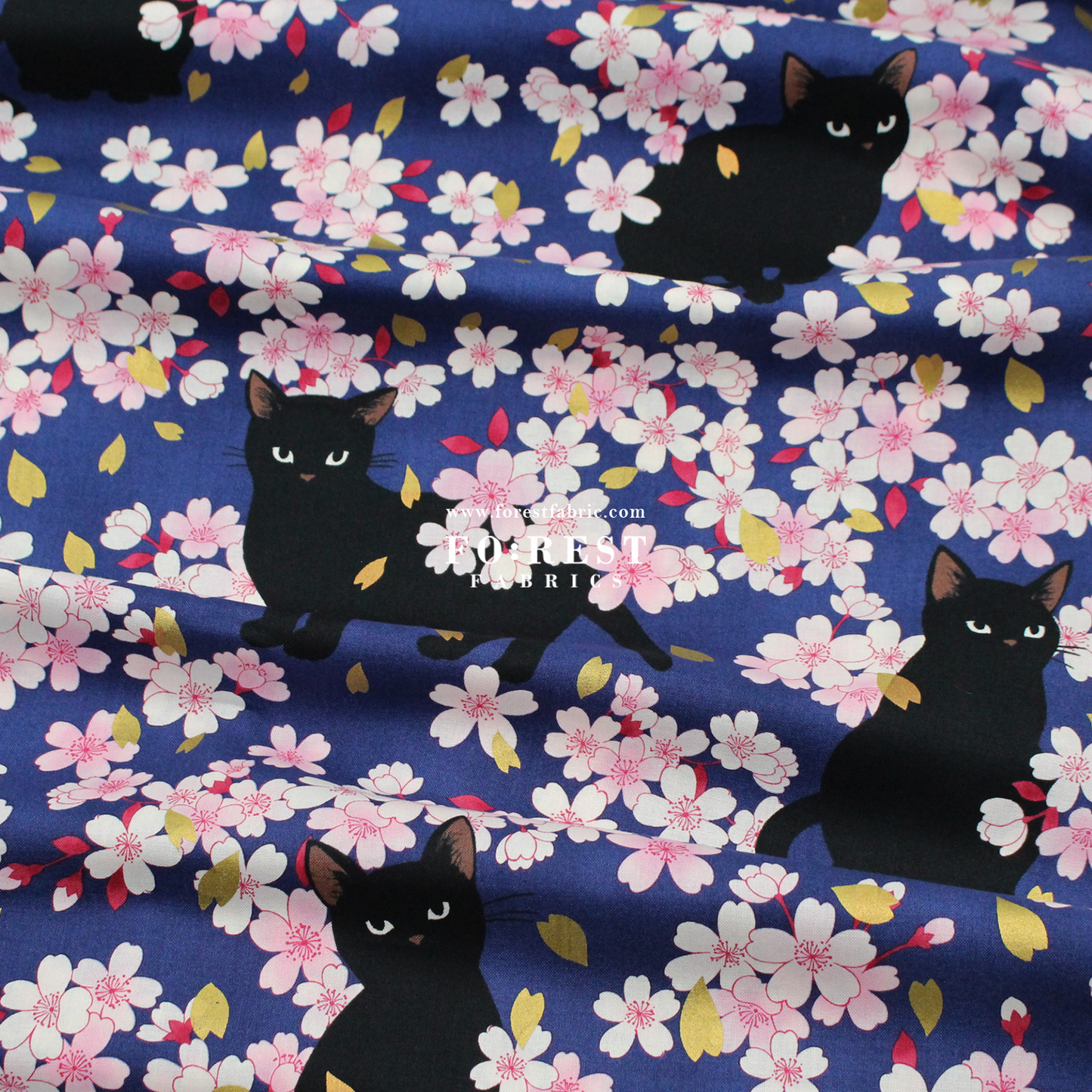 cotton - Sakura Blooms cat fabric Navy