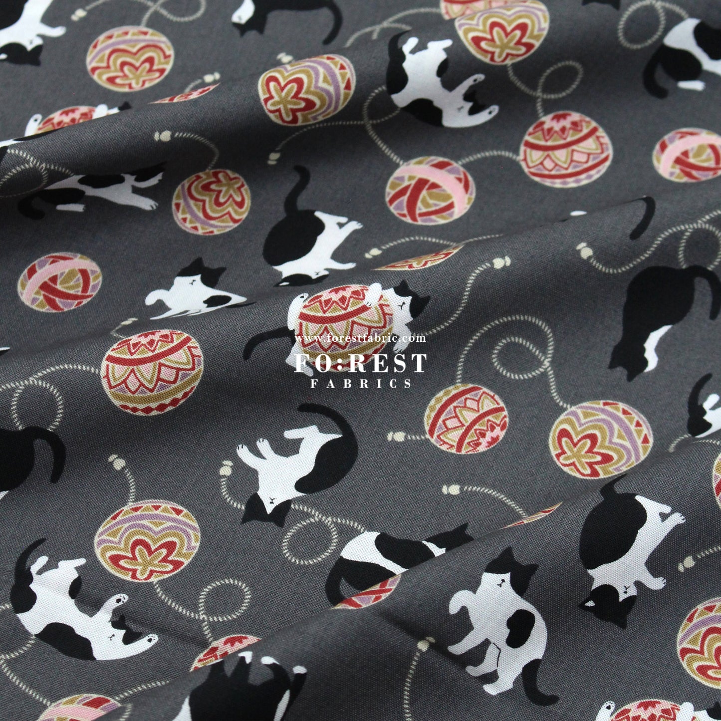 cotton - Cute Ball Cats fabric Charcoal