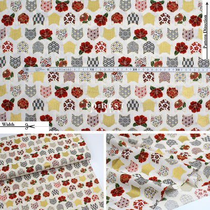 cotton - Tsubaki flower cat fabric Cream