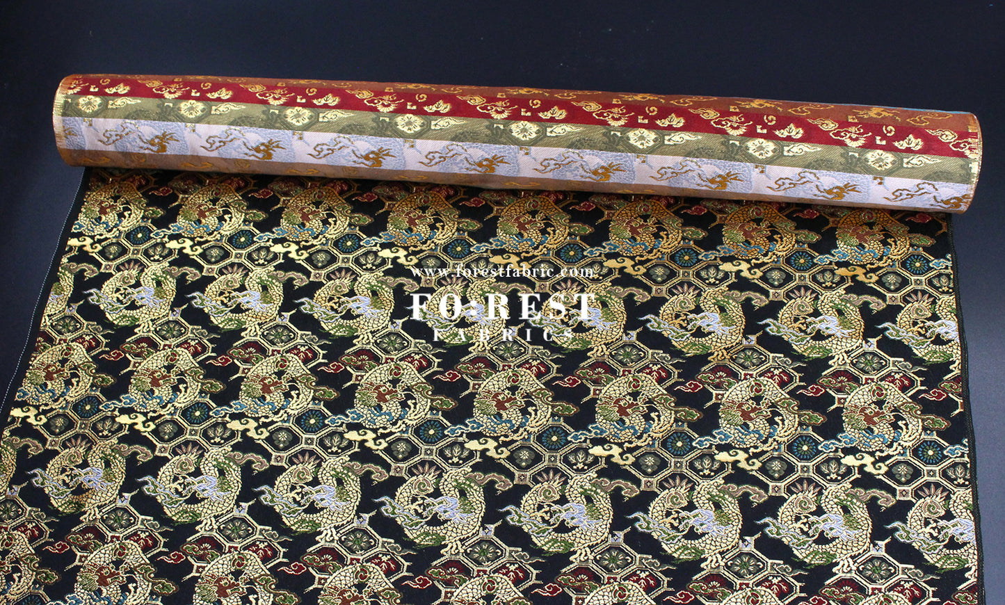 Gold Brocade - Dragon fabric Black