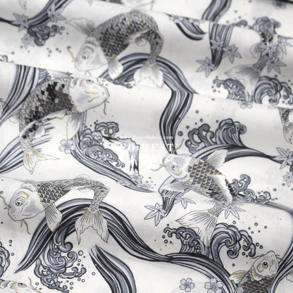 cotton - Koi Fuji mountain with metallic fabric White