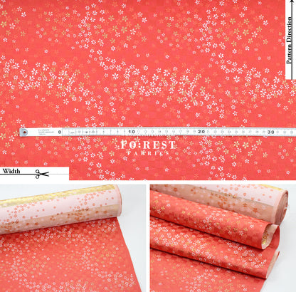 Gold Brocade - Tiny Flower grid fabric Orange Red