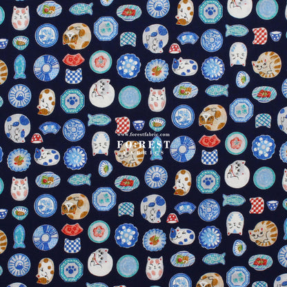 cotton - Cat Bowls & Dishes fabric Navy