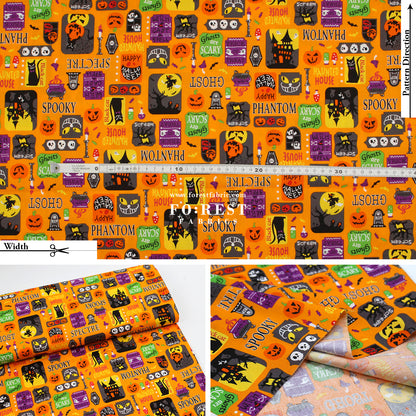 cotton - Halloween CATS fabric Orange