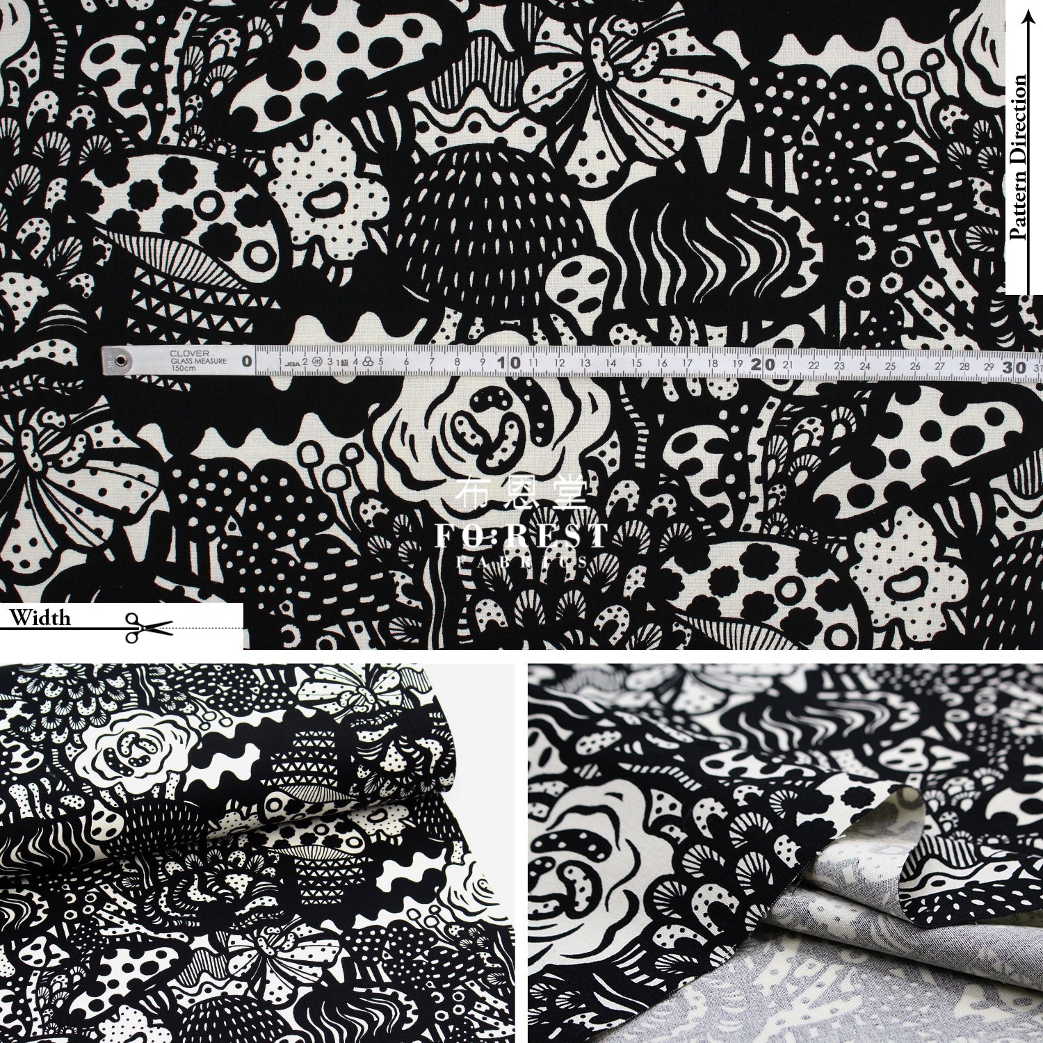 Canvas - Mushroom Flower Fabric Black