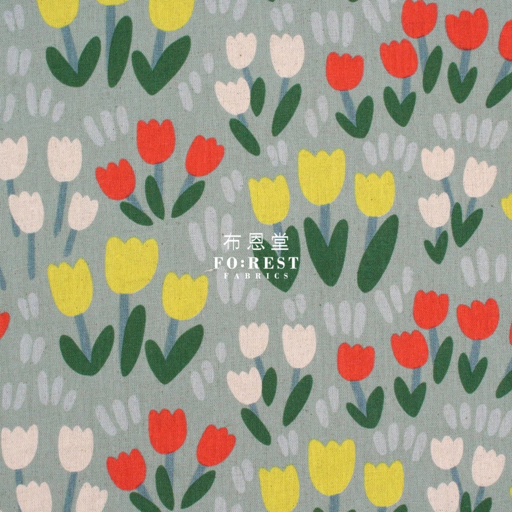 Canvas - Tulip Flower Fabric Green Cotton Linen Canvas