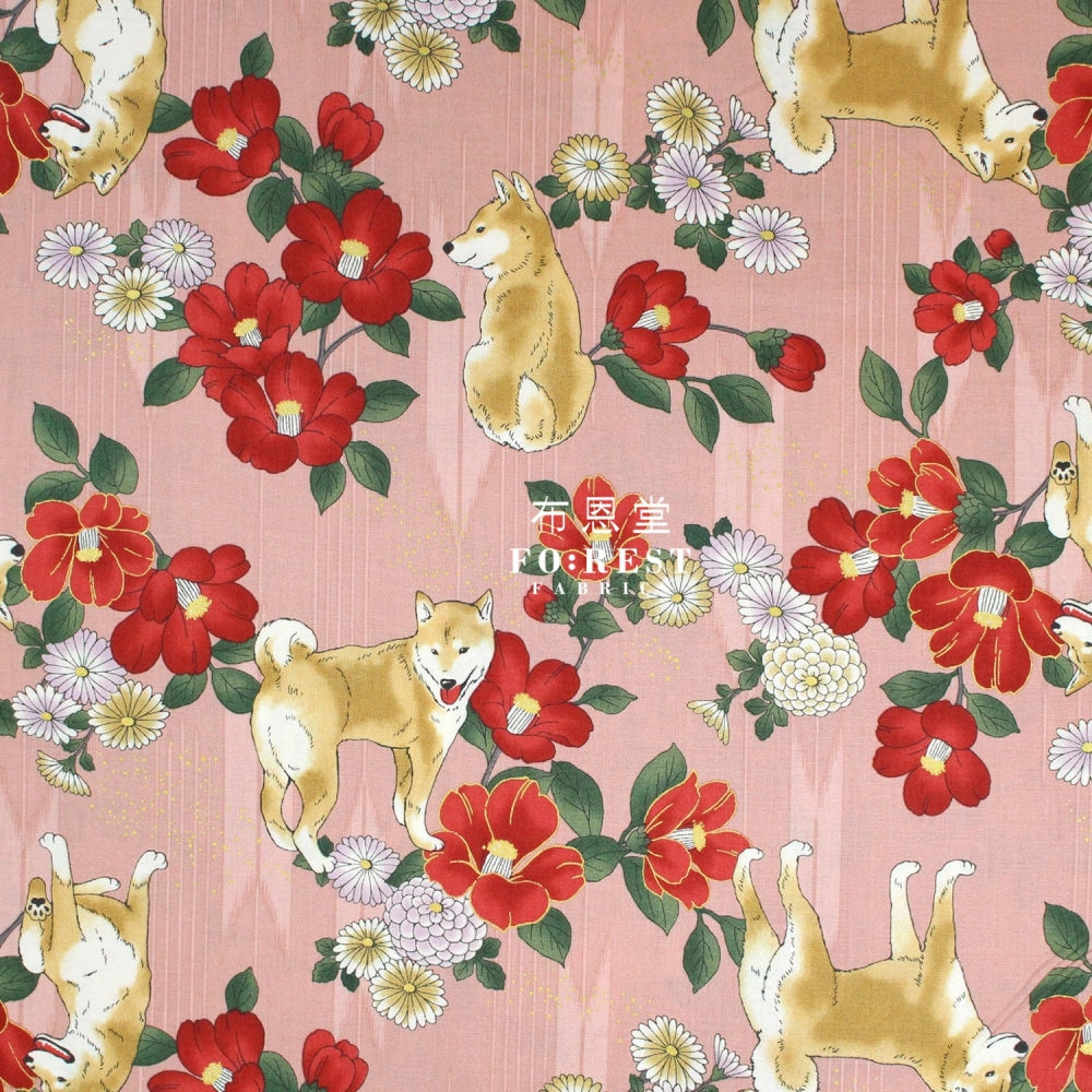 Cotton - Camellia And Shiba-Inu Fabric Pink