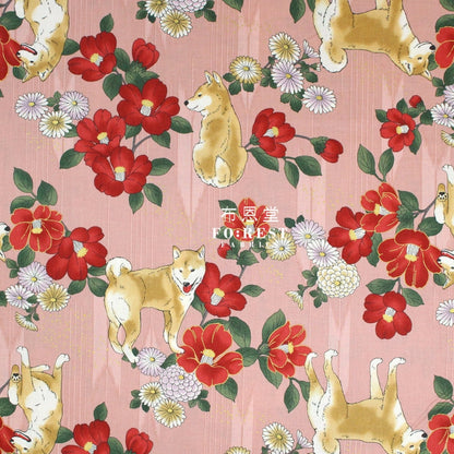 Cotton - Camellia And Shiba-Inu Fabric Pink