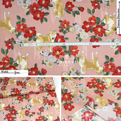 Cotton - Camellia And Shiba-Inu Fabric Pink