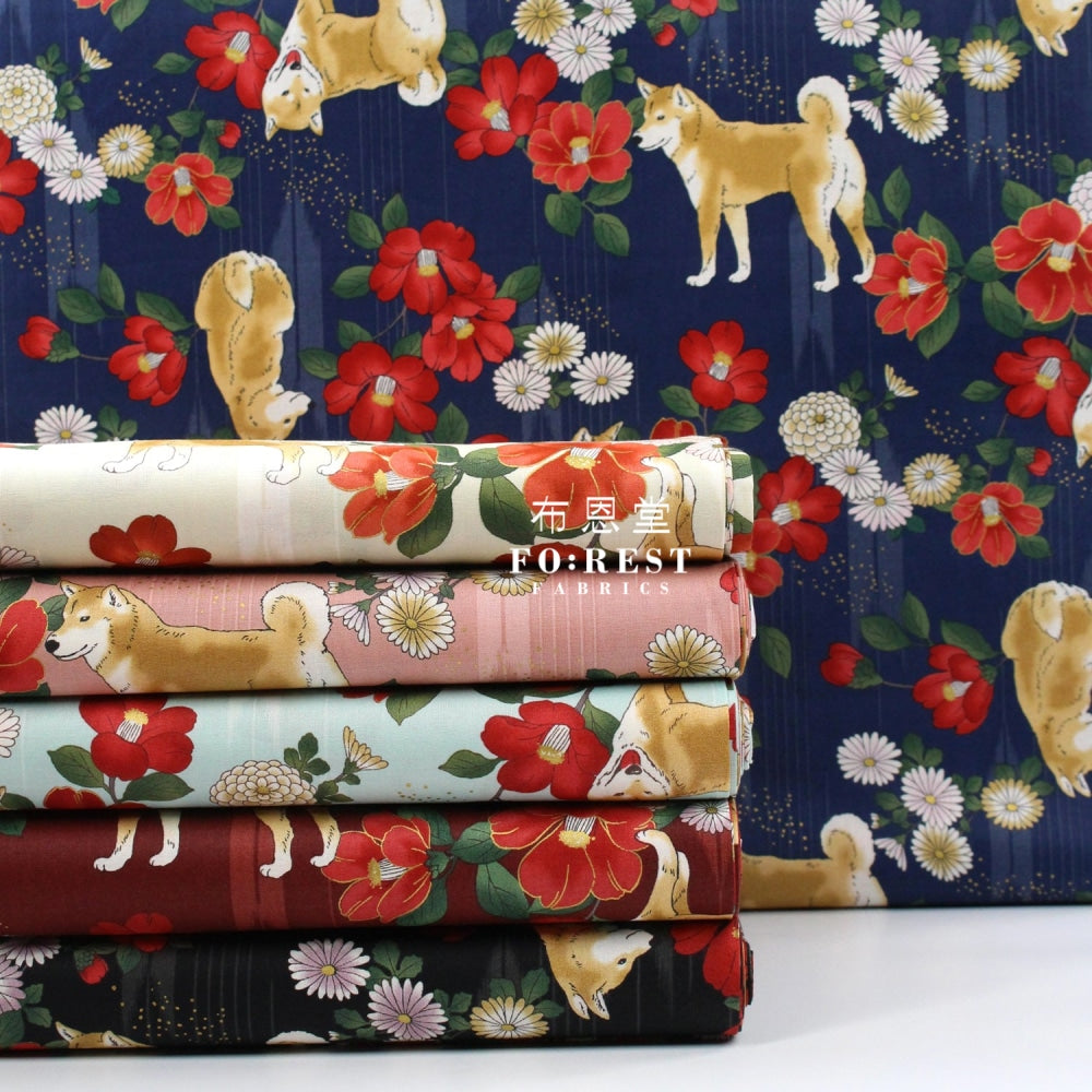 Cotton - Camellia And Shiba-Inu Fabric Pink