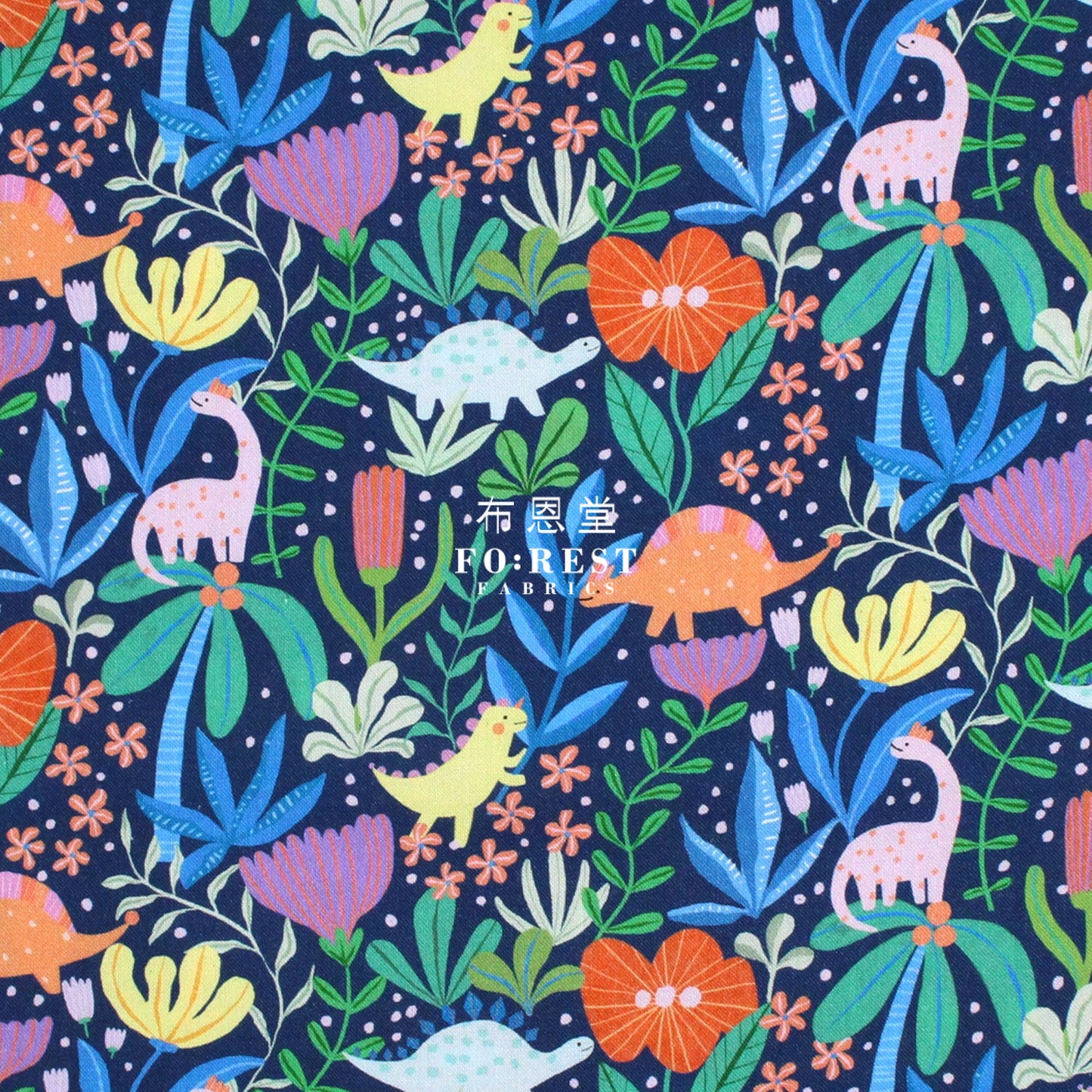 Cotton - Dinosaurs Roar Flower Fabric Navy