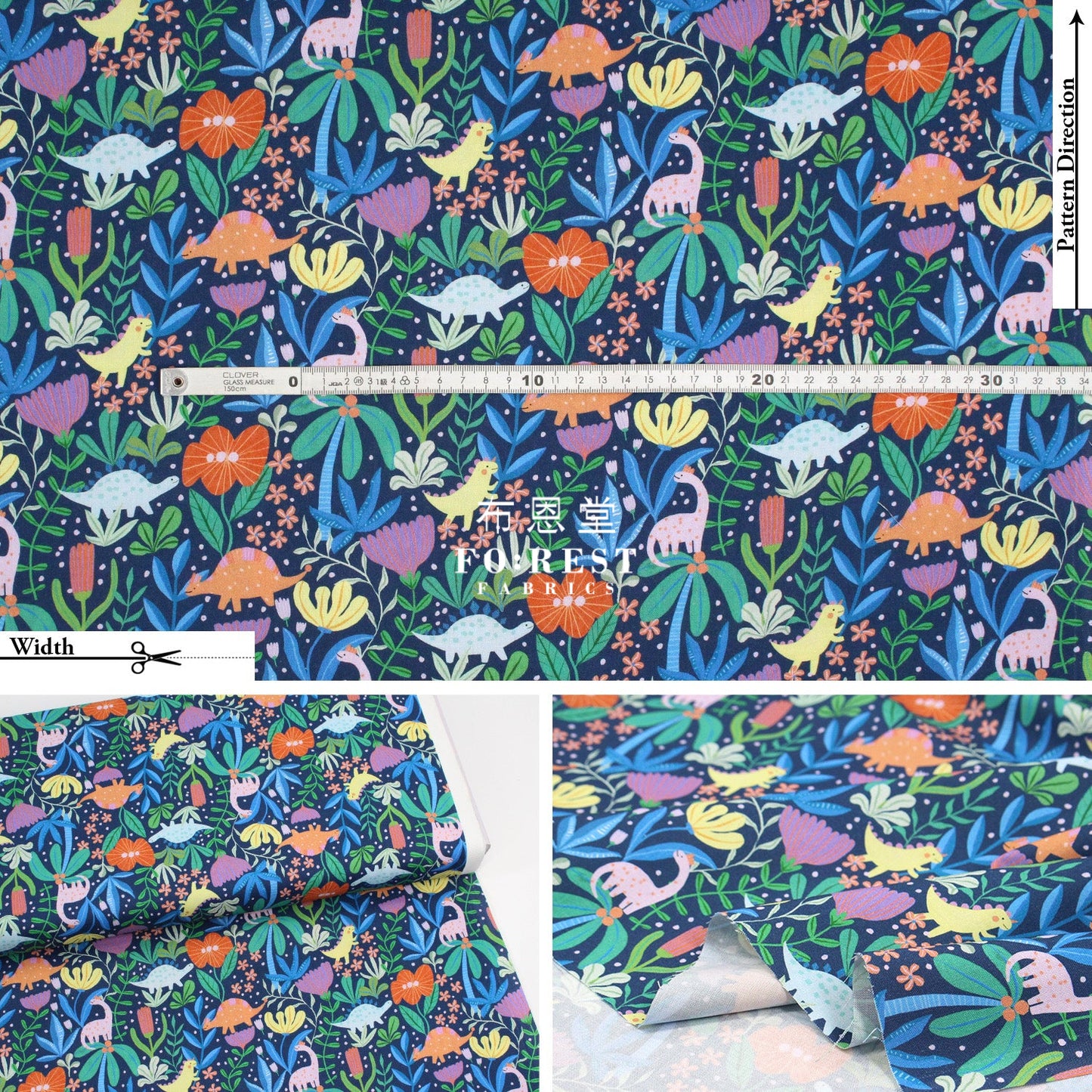 Cotton - Dinosaurs Roar Flower Fabric Navy