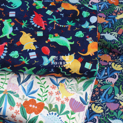 Cotton - Dinosaurs Roar Flower Fabric Navy