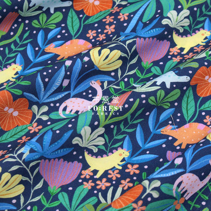 Cotton - Dinosaurs Roar Flower Fabric Navy