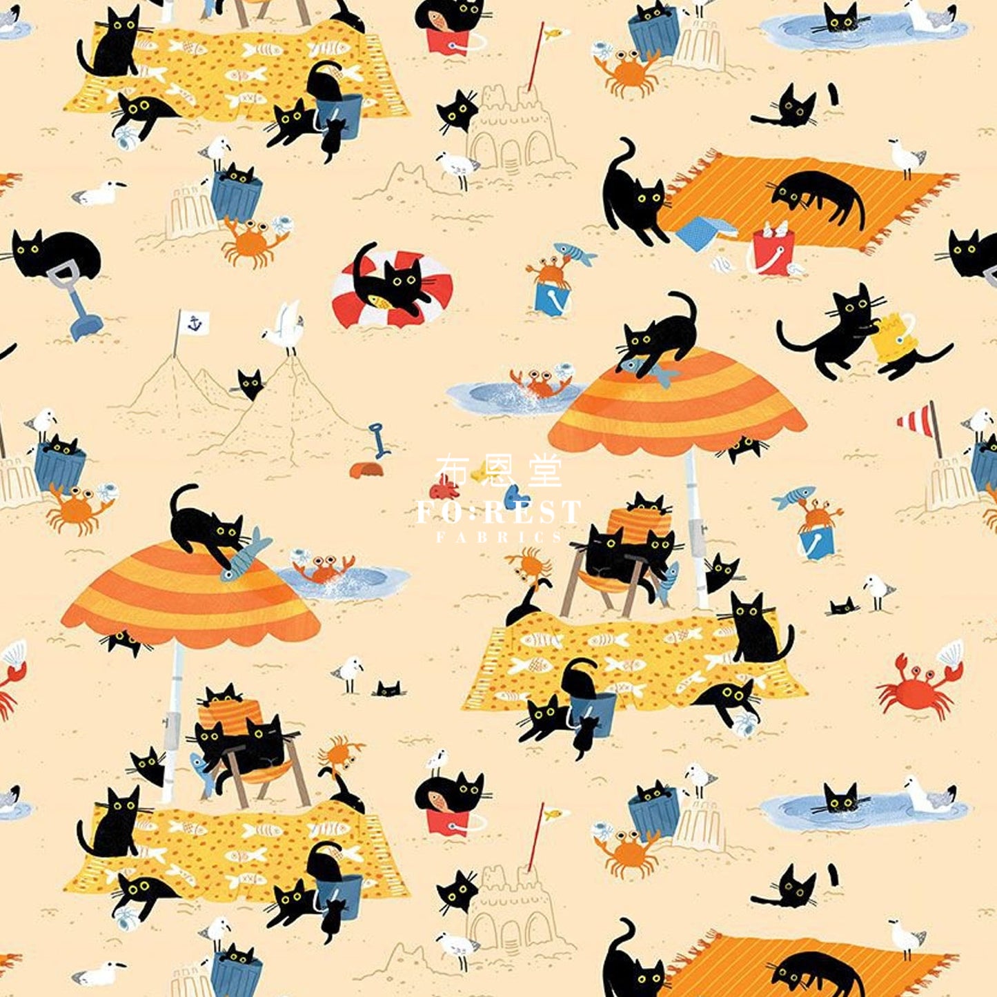 Cotton - Summer Beach Cat Paw Fabric