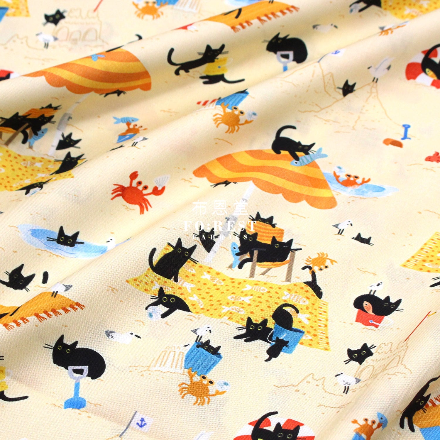 Cotton - Summer Beach Cat Paw Fabric