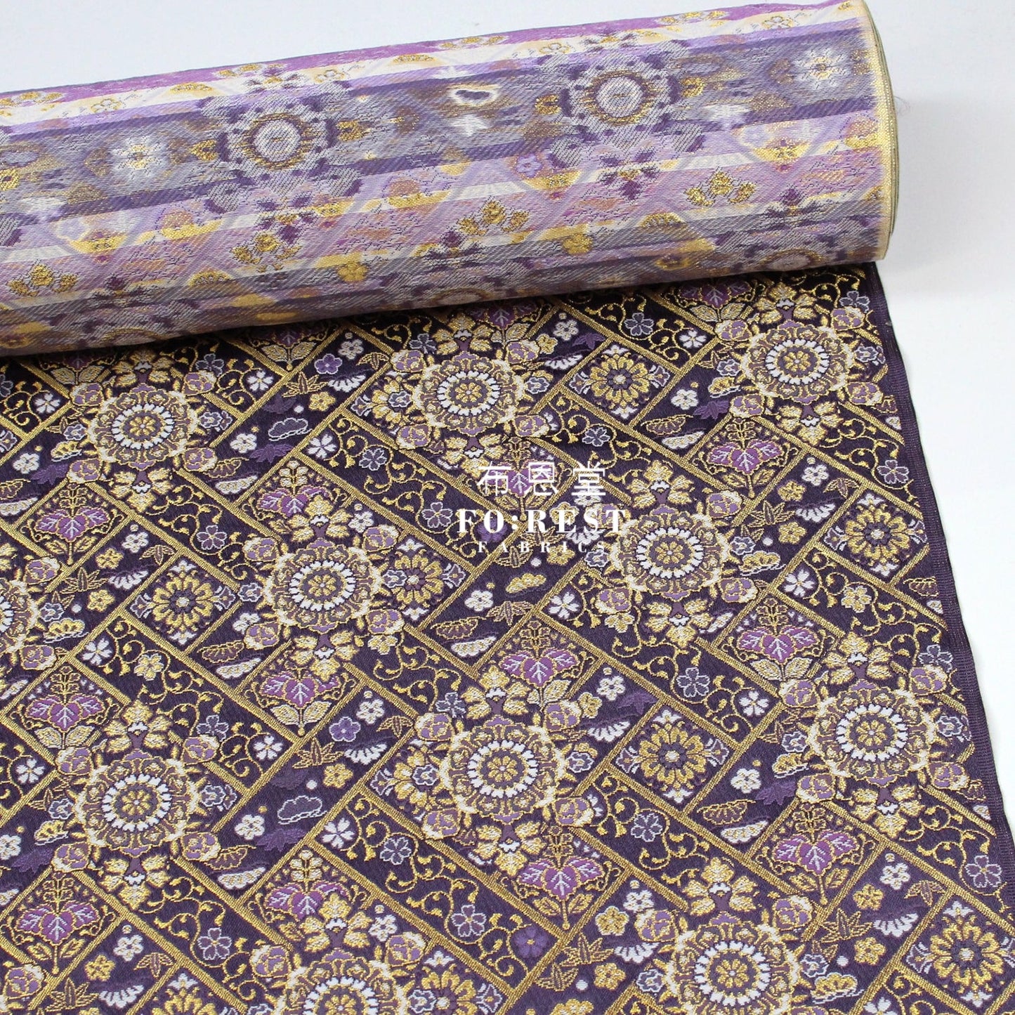 Gold Brocade - Decorative Flower Fabric Dark Purple Polyester