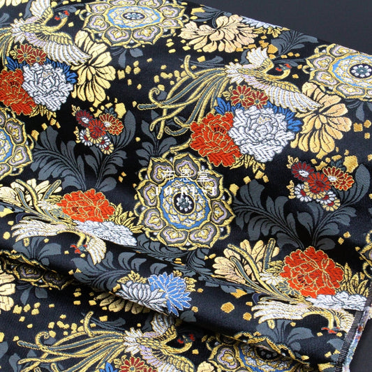 Gold Brocade - Phoenix Peony Fabric Black Polyester