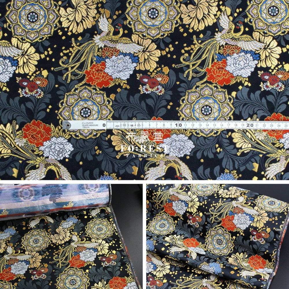 Gold Brocade - Phoenix Peony Fabric Black Polyester