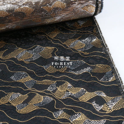 Gold Brocade - Cloud Wave Flower Fabric Black Polyester