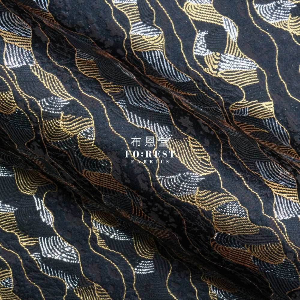 Gold Brocade - Cloud Wave Flower Fabric Black Polyester