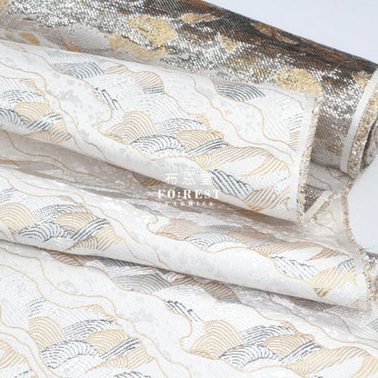 Gold Brocade - Cloud Wave Flower Fabric White Polyester