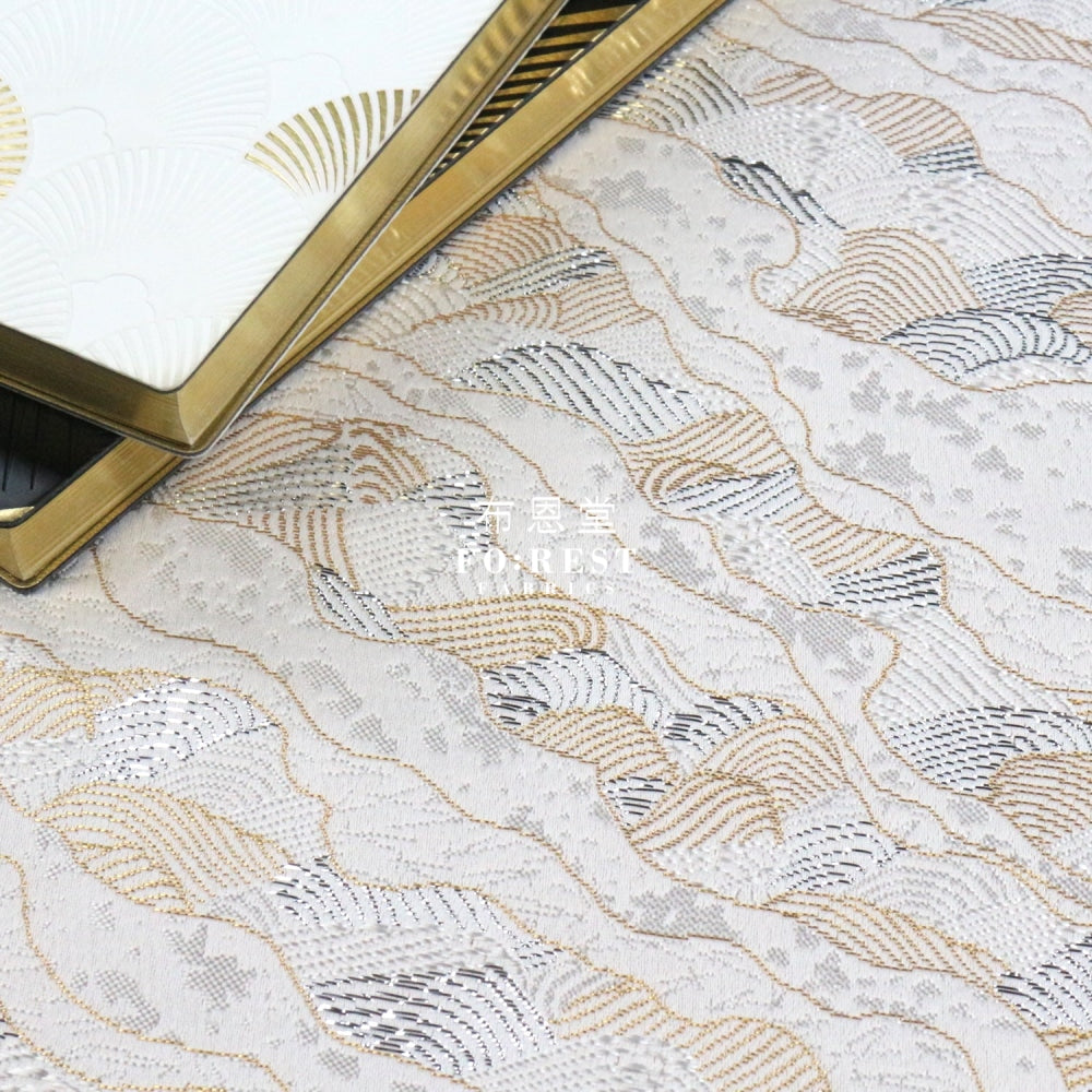 Gold Brocade - Cloud Wave Flower Fabric White Polyester