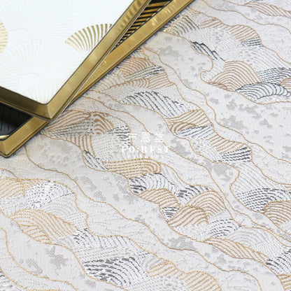 Gold Brocade - Cloud Wave Flower Fabric White Polyester