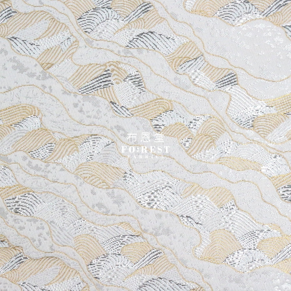 Gold Brocade - Cloud Wave Flower Fabric White Polyester