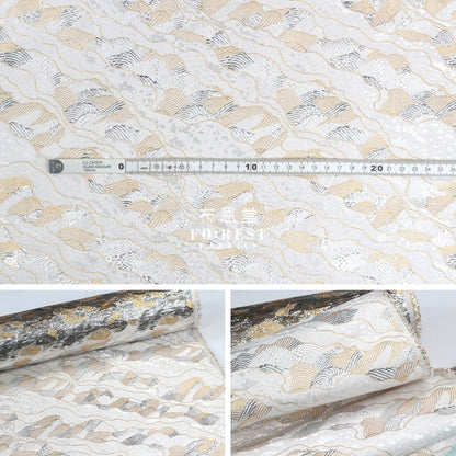 Gold Brocade - Cloud Wave Flower Fabric White Polyester