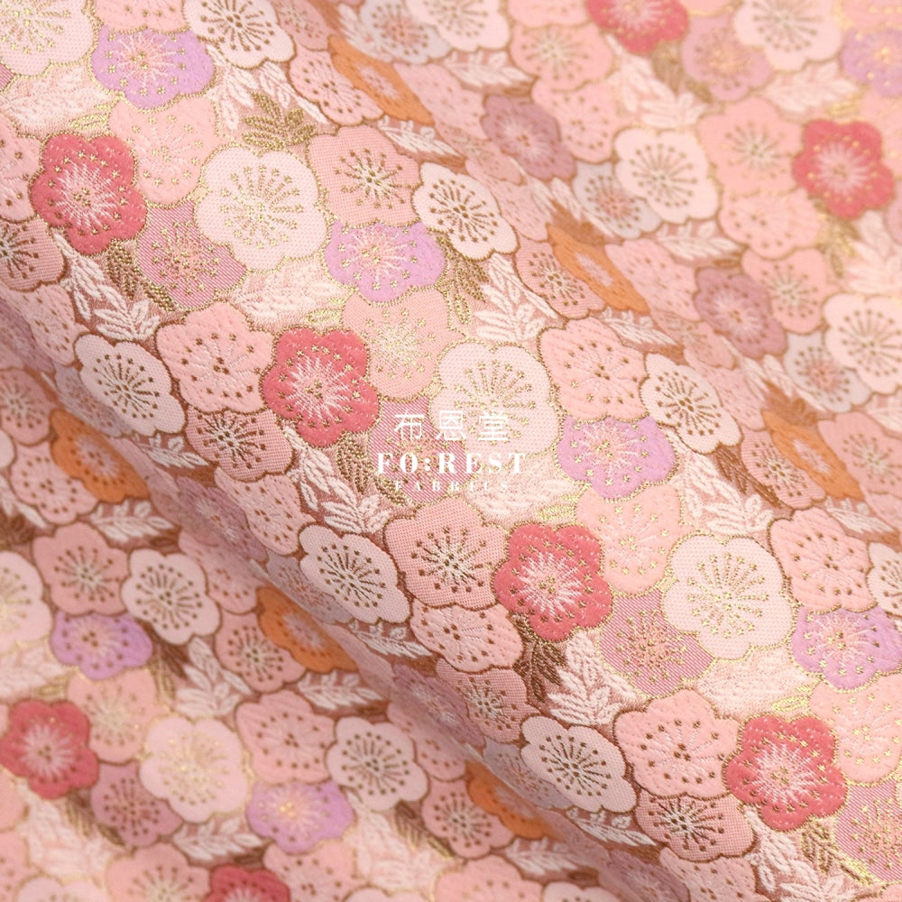 Gold Brocade - Flower Fabric Pink Polyester