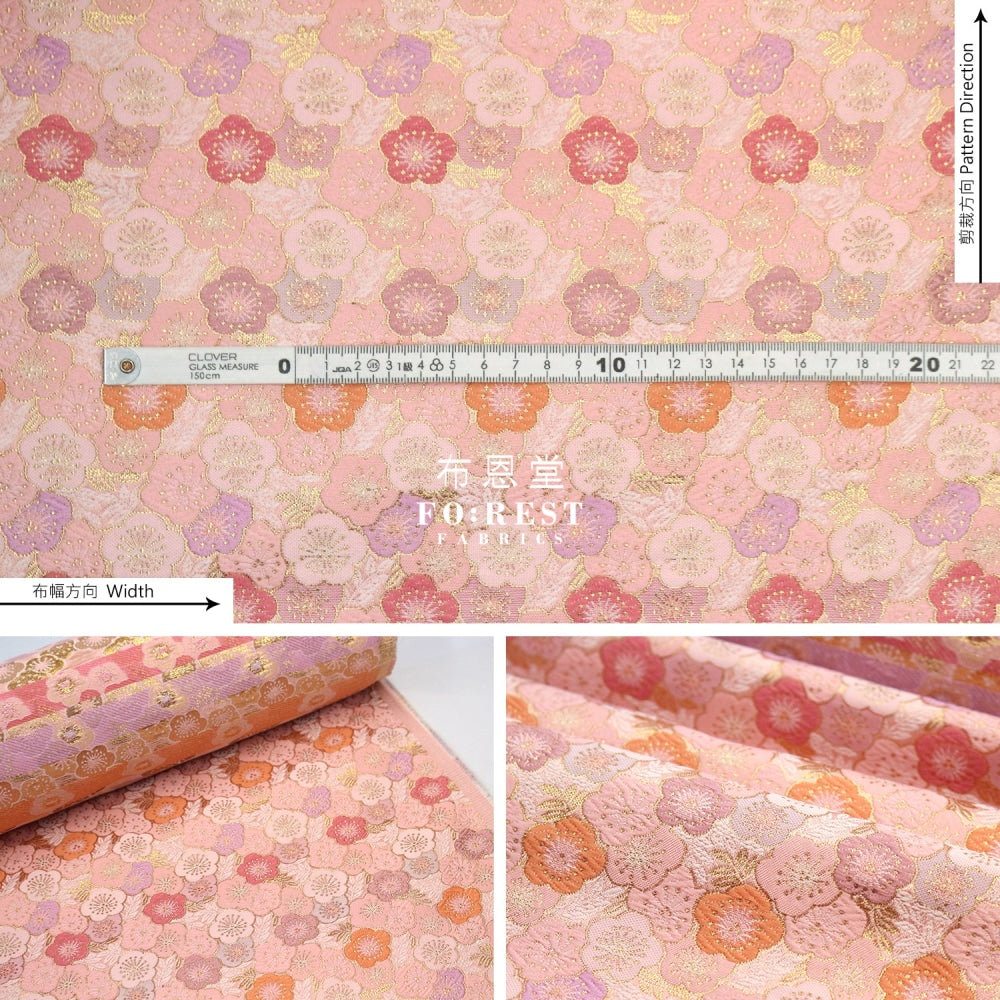 Gold Brocade - Flower Fabric Pink Polyester