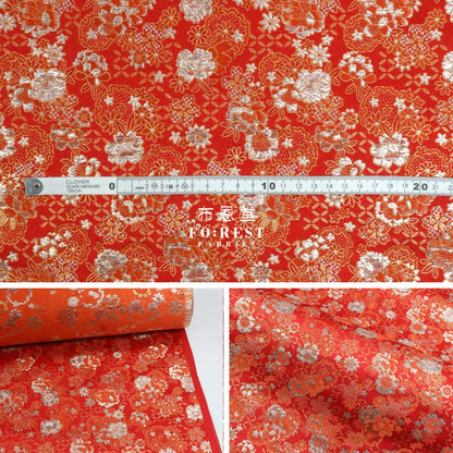 Gold Brocade - Shippo Flower Kinran Fabric Red Polyester