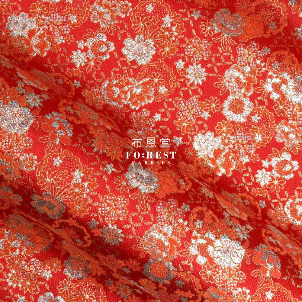 Gold Brocade - Shippo Flower Kinran Fabric Red Polyester